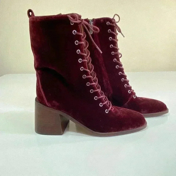 Sam Edelman Westie Brick Velvet Size 6 Chunky Heel Squared Toe Lace Up Boots - Picture 2 of 10